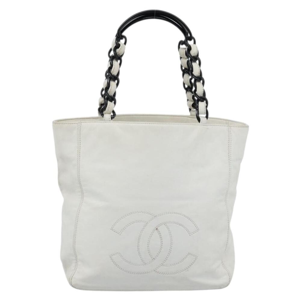 Chanel Lambskin Leather Chain Tote Bag White